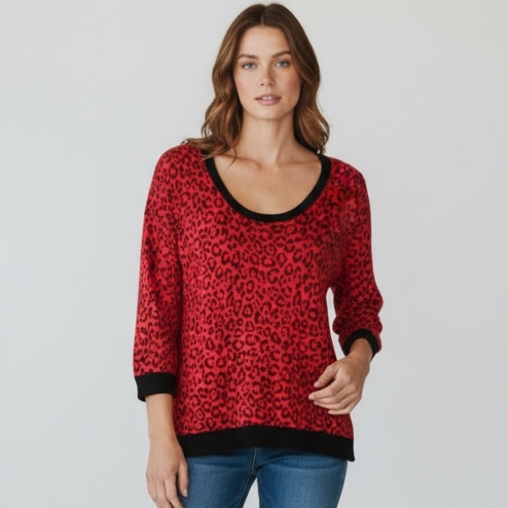 Ella Moss Red Black Leopard Print Scoop Neck 3/4 Sleeve Sweater Top Women Size L